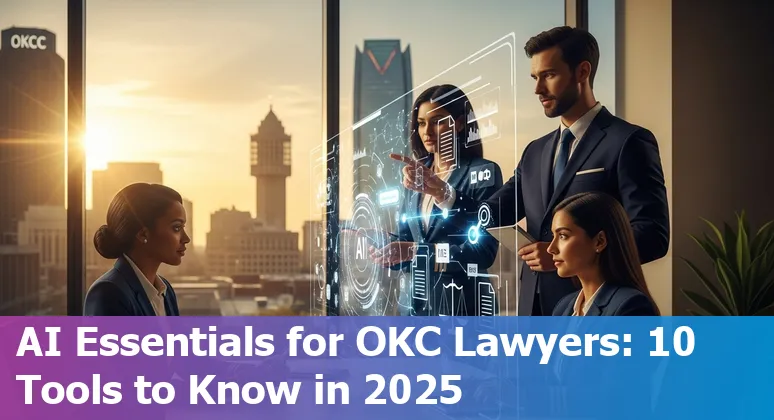 Collage of AI tools logos and Oklahoma City skyline representing legal tech adoption in 2025