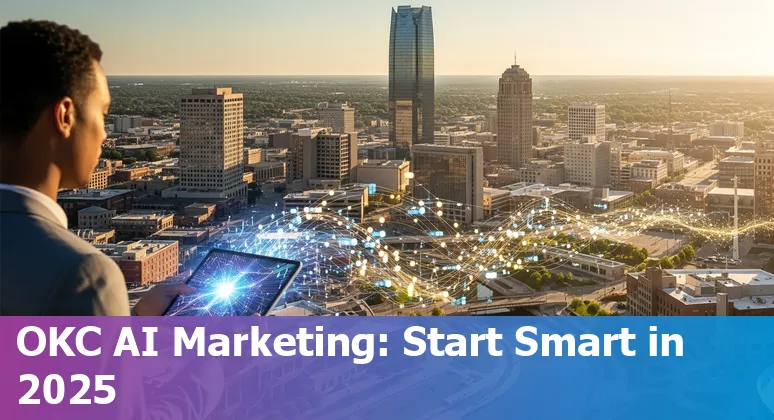 Marketing professional using AI tools in Oklahoma City, Oklahoma skyline in background