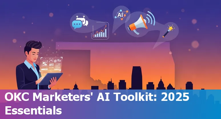 Collage of AI marketing tools logos (ChatGPT, Google AI, Tailwind, Canva, HubSpot) over an Oklahoma City skyline