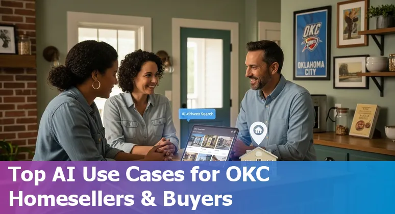 Agent using AI prompts on a laptop to generate an OKC home listing, with Bricktown skyline in the background.