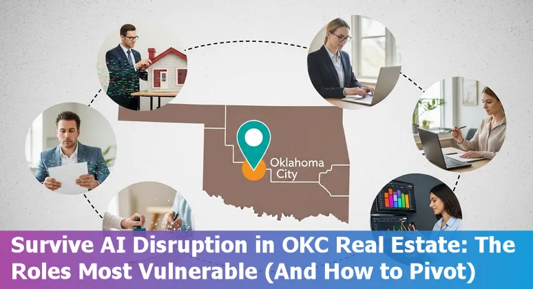 Oklahoma City skyline with icons representing AI impact on real estate jobs (appraisal, leasing, title, transaction coordination, marketing).