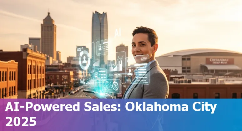 Sales professional using AI tools at an Oklahoma City, Oklahoma office with OKC skyline visuals