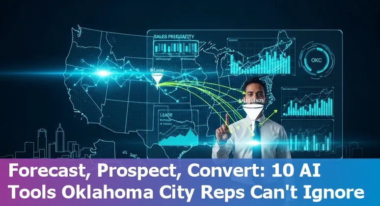 Sales professional in Oklahoma City using AI-powered sales tools on a laptop with Oklahoma skyline