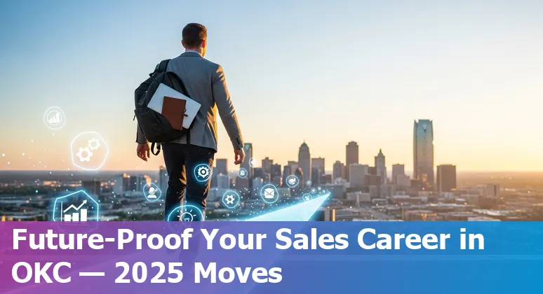 Sales professional using AI tools on laptop in Oklahoma City, Oklahoma skyline background