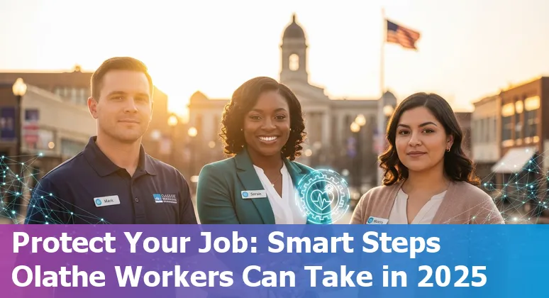 Customer service worker with AI interface and Olathe, Kansas skyline in background