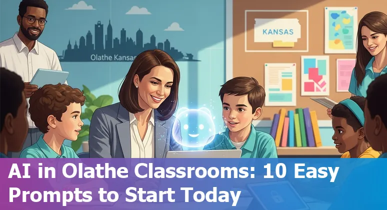 Students and teachers using AI tools in a classroom in Olathe, Kansas, with icons for tutoring, grading, VR, and analytics.