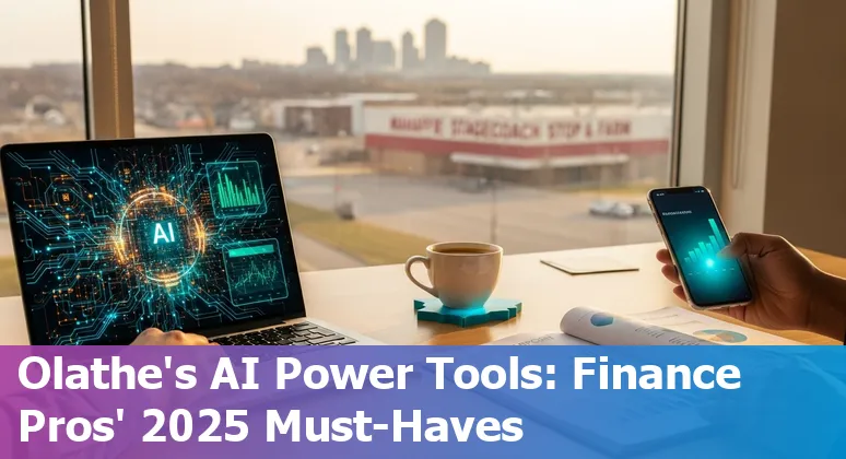 Collage of AI tool logos and Kansas skyline with finance professionals reviewing dashboards.