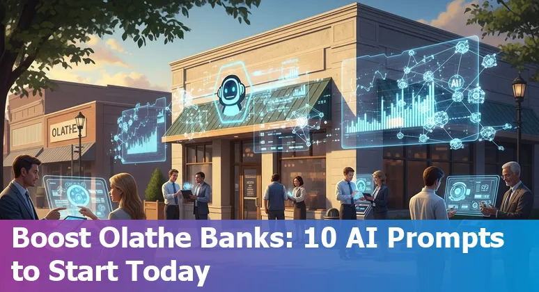 Financial services team in Olathe using AI dashboards and chatbots next to a map marker for Olathe, Kansas.