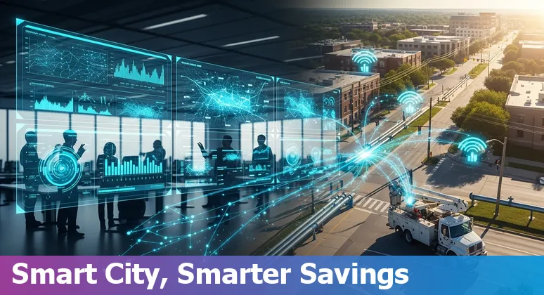 City of Olathe, Kansas city hall with AI and automation icons representing government efficiency and cost savings in Kansas.