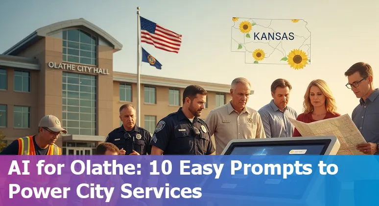 City of Olathe municipal building with AI icons representing chatbots, maps, and analytics