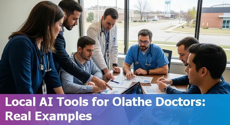 Healthcare worker using tablet with AI dashboards overlay, representing AI prompts and use cases for Olathe hospitals.