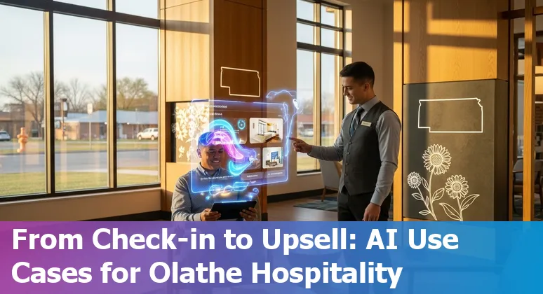 Hotel front desk with virtual concierge tablet showing Olathe attractions and AI-driven recommendations