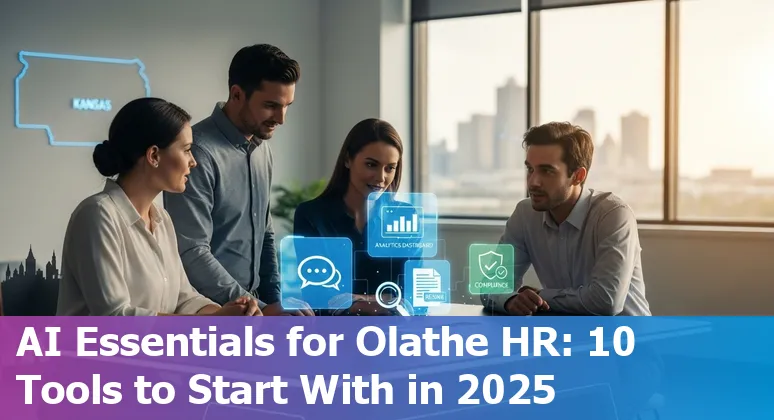 HR professional using AI tools on a laptop with Olathe, Kansas skyline in the background
