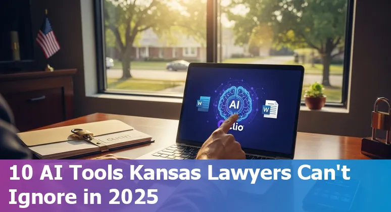 Lawyer using AI tools on laptop with Kansas/Olathe map overlay and icons for Spellbook, CoCounsel, ChatGPT, Relativity.