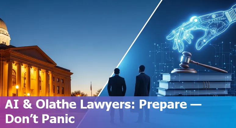 Lawyer using AI tools on a laptop in Olathe, Kansas — training and policy resources shown