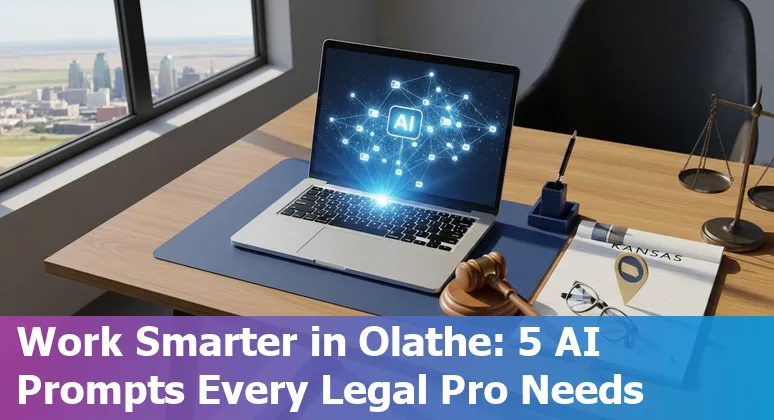 Attorney in Olathe using AI prompts on a laptop to draft legal research and contracts, with Kansas map overlay.