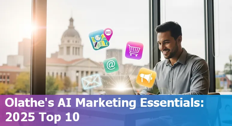 Collage of AI marketing tools logos with a backdrop of Olathe, Kansas downtown and digital marketing icons.