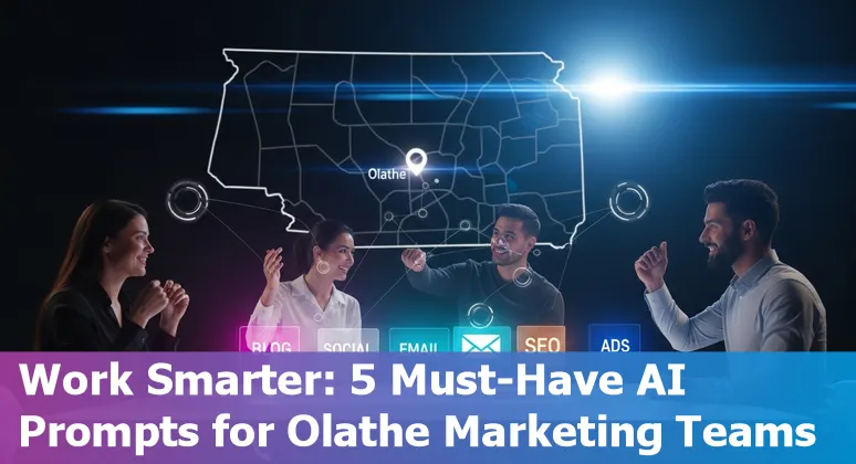 Marketing professional in Olathe using AI prompts on a laptop to create blog, social, email, SEO, and ad content.