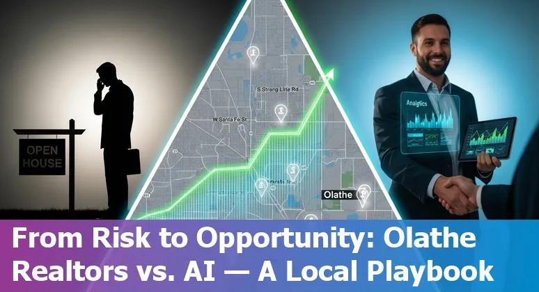 Olathe Kansas neighborhood with homes and a digital AI overlay showing risk levels for real estate jobs.