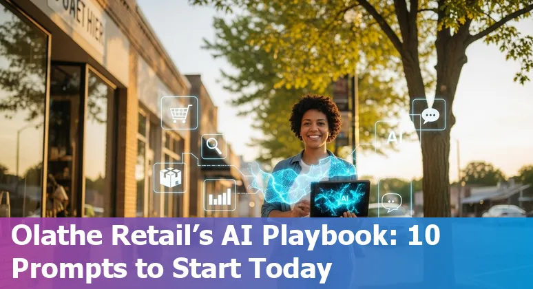 Shopfront in Olathe, Kansas with overlay icons for AI: chat, search, delivery, and inventory.