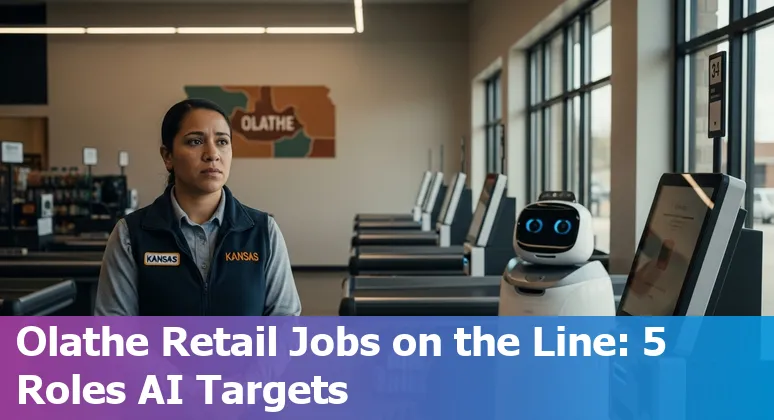 Retail worker at a point-of-sale terminal with AI icons and Kansas City skyline in background