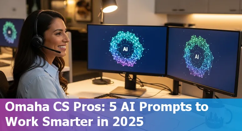 Customer service agent using AI prompts on a laptop with Omaha skyline and CHI Health Center in the background.