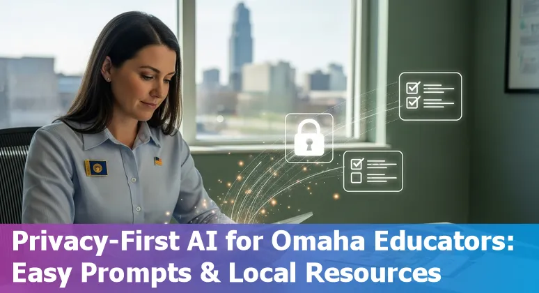 Teacher using AI on laptop in an Omaha classroom, UNO campus visible in the background.