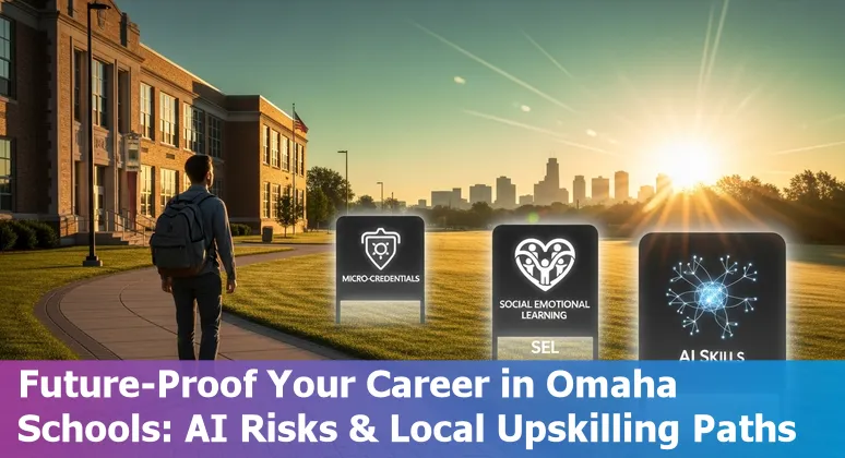 Omaha educators discussing AI adaptation strategies in a classroom with laptop and books.