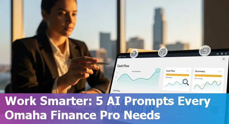 Finance professional using AI prompts on a laptop with Omaha skyline in the background