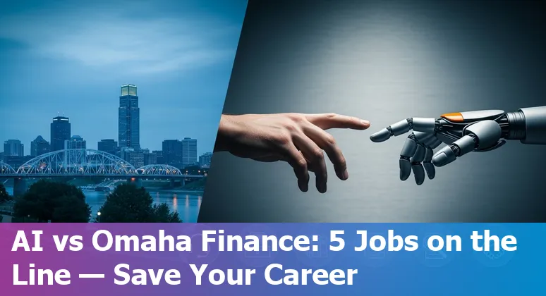 Omaha skyline with financial icons and AI robotic overlay representing jobs at risk and adaptation strategies