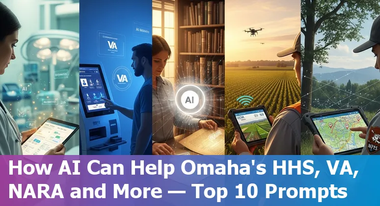 Omaha city hall with AI icons representing chatbots, data extraction, and emergency response.