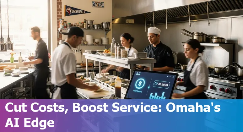 Hotel staff using AI tools in Omaha, Nebraska hotel lobby to improve efficiency and cut costs