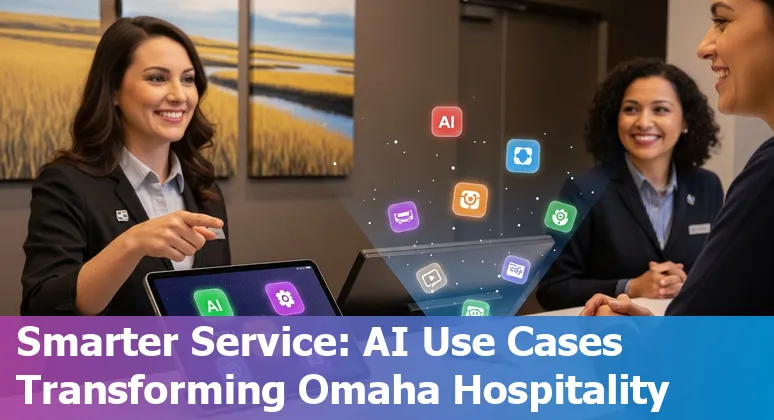 Hotel front desk agent and voice assistant tablet showing AI reservation prompts in Omaha hotel lobby