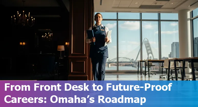 Omaha hospitality worker learning new tech skills with Omaha skyline in background