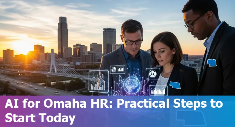 Omaha HR professional using AI tools on a laptop with Omaha skyline in background, Omaha, NE