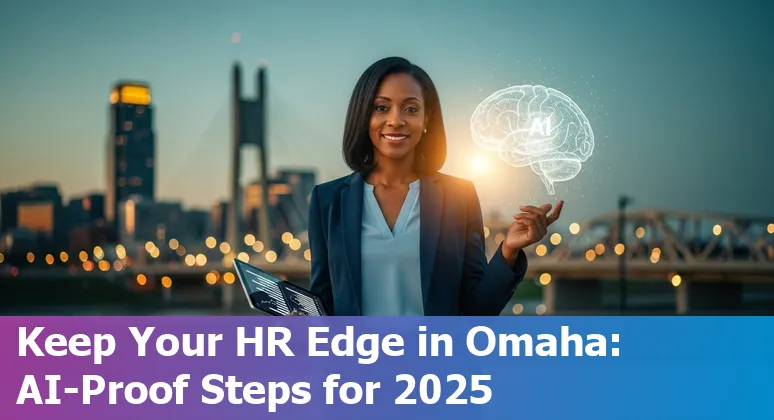 Omaha, Nebraska HR professional using AI tools with Omaha skyline in the background