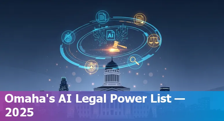 Lawyers in Omaha office using AI tools on a laptop with icons for Casetext, Lexis+, Spellbook, and Relativity visible.