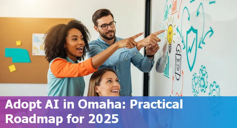 Marketing professional using AI dashboard on laptop in Omaha, Nebraska skyline background