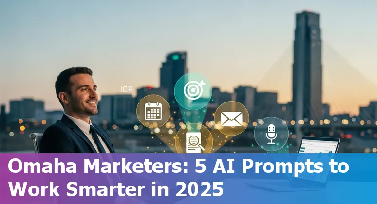 Marketing professional using AI prompts on a laptop with Omaha skyline in the background