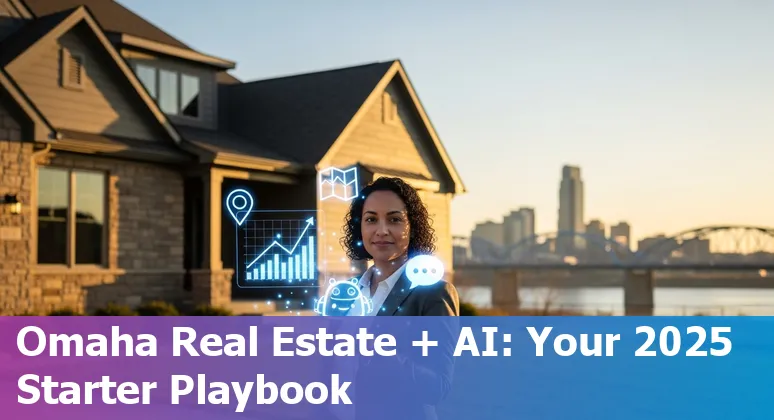 Omaha, Nebraska real estate agent using AI tools on a laptop with Omaha skyline in background