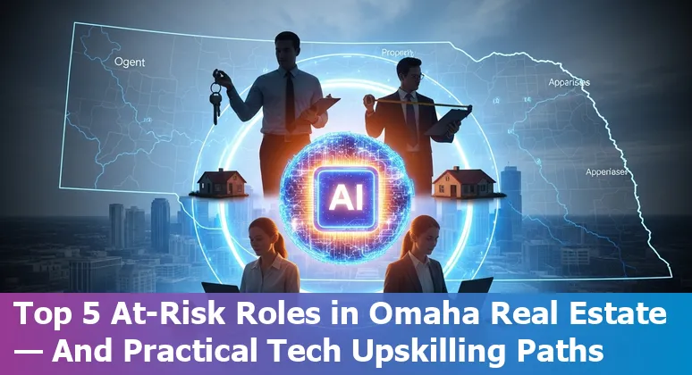 Omaha skyline with data center silhouette and AI circuit overlay representing real estate jobs adapting to AI.