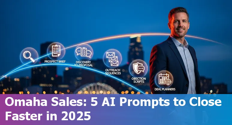 Sales professional in Omaha using AI prompts on laptop, with Omaha skyline and CHI Health Center in background.
