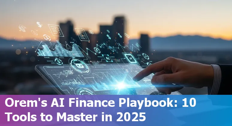 Finance professional in Orem reviewing AI tool dashboards including Prezent, DataRobot and Darktrace on a laptop