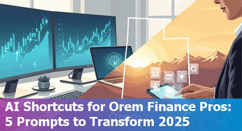 Finance professional in Orem using AI prompts on a laptop, with Orem city skyline in background