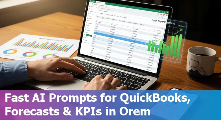 Orem finance team using AI prompts on laptop to generate dashboards, pitch decks, and cash flow forecasts.