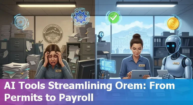 AI systems and city skyline representing Orem, Utah government efficiency and cost savings in Utah, US