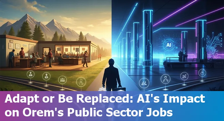 Orem city government workers collaborating on AI adaptation plans with Utah skyline in background