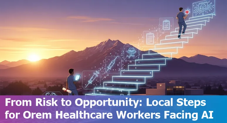 Healthcare workers in Orem discussing AI tools with hospital and clinic icons in background