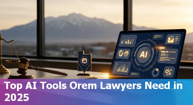 Collage of AI legal tools logos over a map pin on Orem, Utah with law office imagery