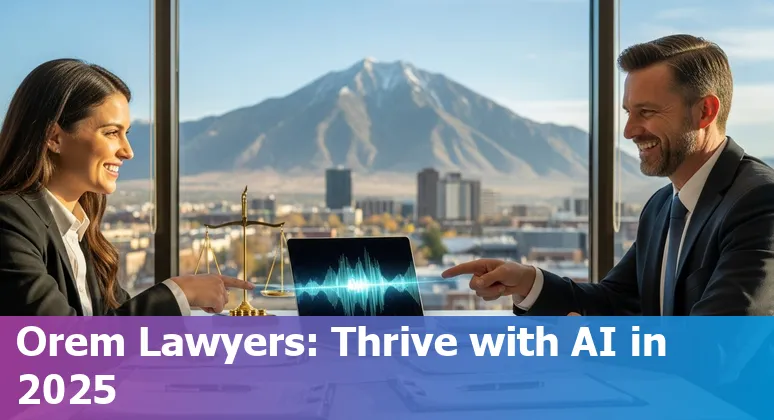 Lawyer using AI tools on laptop in Orem, Utah skyline background